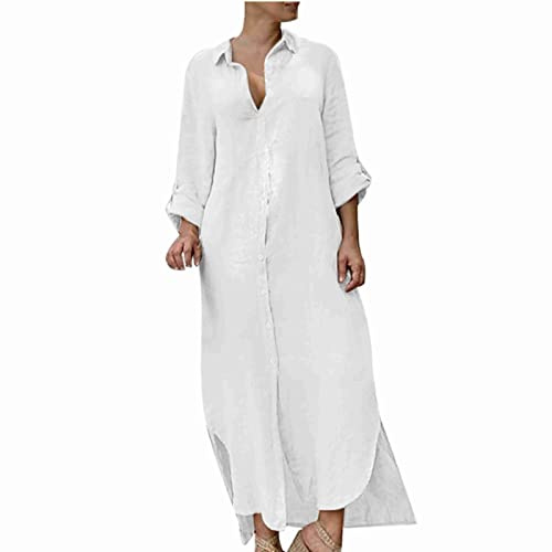 RLEHJN Robe D'été Fluides Chemisiers Femmes Mi-Longues Robes Lin Décontractées Col en V Couleur Unie Cotton Vintage Grande Taille Pas Cher