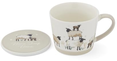 Cooksmart Highland Sheep Mug & Coaster Set, New Bone China | British designed, sheep and nature artwork, farmhouse drinkware, dishwasher safe, microwave safe, gift suitable