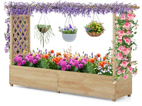 GOPLUS Lit de Jardin Surélevé avec Treillis, Jardinière Surélevée en Bois avec Toit Suspendu pour Plantes Grimpantes, Fleurs, Trous de Drainage pour Jardin, Terrasse