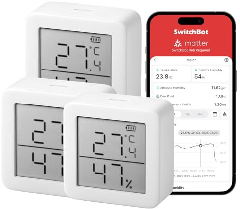 SwitchBot Smart Room Thermometer Hygrometer Sensor Indoor 3Packs, Bluetooth Digital Temperature Monitor with Free Data Storage, Dewpoint/VPD/Absolute Humidity Meter, LCD Screen Wireless Thermometer