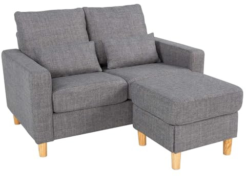 Hroth Small 2 Seater Sofa with Ottoman and 2 Pillows, Bedroom Sofa and Fabric Sofa for Bedroom and Office,Comfortable Grey Sofa​ 2 Seater