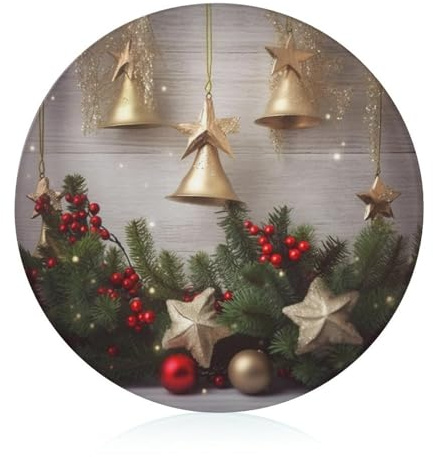 Tabla de cortar de vidrio de 8 x 8 pulgadas, tabla de cortar de árbol de Navidad y campanas con patas antideslizantes, tablas de cortar redondas para cocina, resistentes al calor, pequeñas tablas de