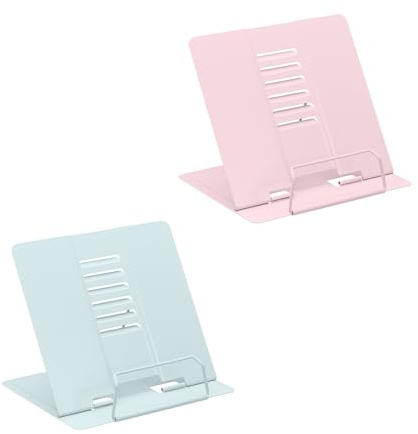 Relaxdays Buchständer, 2er Set, Leseständer 6-Fach höhenverstellbar, Kochbuchhalter mit Klemme, Küche, Stahl, blau/rosa
