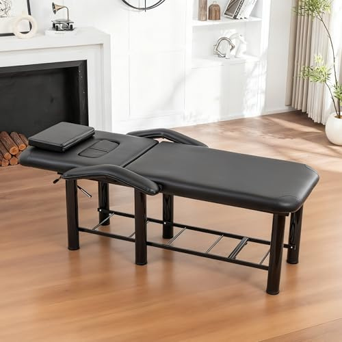 Professional Massage Salon Bed 73.6 Inch with Handrail, Stationary Physical Therapy Treatment Table with Removable Headrest & Chest Cushions, Spa Facial Esthetician Bed with Adjustable Backrest
