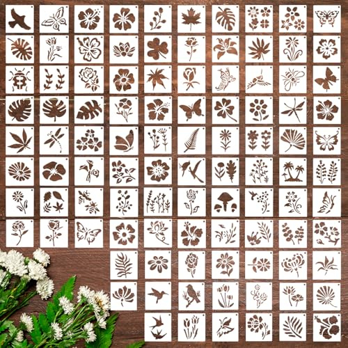 TIESOME 100 Stück Schablonen Malen, 5x5cm Blumen & Tiere Vorlagen Malschablonen Wiederverwendbare Schablonen für DIY Malerei, Scrapbooking, Möbel & Textilgestaltung(Weiß)