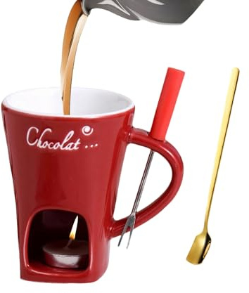 Chocolate Fondue Mug with Forks, Ceramic Melting Cup Set for Candy Caramel Party, Tealight Heated Party Snack Cheese