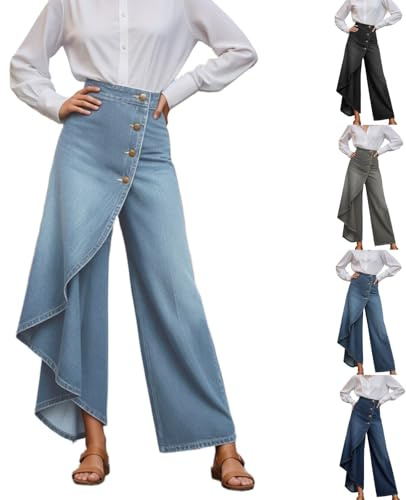 Pantalones Vaqueros de Pierna Ancha para Mujer con Dobladillo Asimétrico, Elegantes Faldas, Pantalones Ligeros Culotte de Pierna Ancha, Pantalones Vaqueros Holgados,Vaqueros de