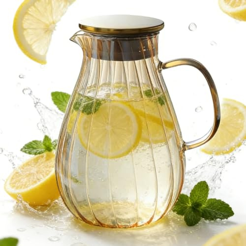 VETOLAKA Glaskaraff med lock: 1,9 l vattenkaraff av borosilikatglas, värmebeständig vattenmugg, glaskanna med handtag för kalla drycker, juice, mjölk, te, vatten