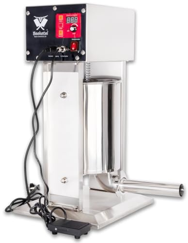 Beeketal BT10-E Elektrischer Wurstfüller 10 Liter – Edelstahl Wurstfüllmaschine mit Fußpedal und 4 Fülltüllen, 120 Watt, Wurstspritze für Wurstbrät