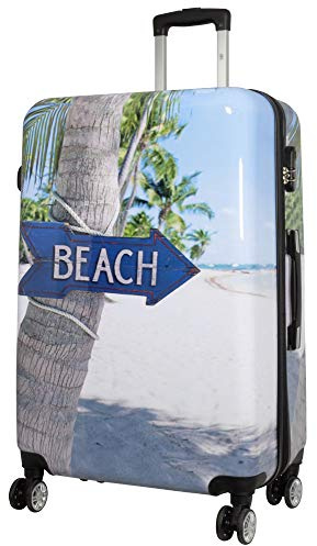 Trendyshop365 Reisekoffer Groß Hartschale mit Beach Strand Design Bedruckt 77cm 94 Liter 4 Rollen Bunt