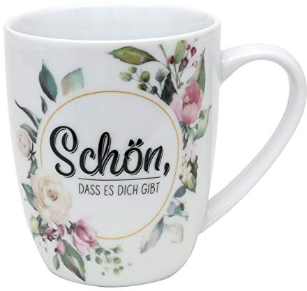 Kaffeebecher/Tasse aus Porzellan, Motiv: Schön dass es dich gibt. Größe H/Ø: 9,8 x 8,2 cm, Fassungsvermögen 250 ml, Spülmaschinengeeignet.