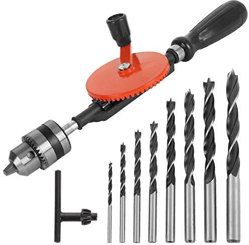 3/8 inch Hand Drill Manual Hand Crank Drill with 8Pcs Drill Bit Set, Safe Double Pinions DesignHand Drill for Wood Plastic and Metal