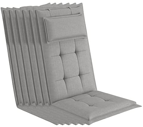 sunnypillow 6 Stück Gartenstuhlauflagen mit abnehmbarem Kopfpolster - 120 x 50 x 9cm - Stuhlauflagen Hochlehner, Auflage für Gartenmöbel - Sitzauflagen Outdoor, wasserdicht UV-Lichtecht - Grau