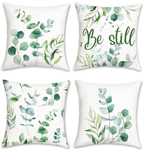 Bonhause Fundas de Cojín Hojas de Eucalipto 45 x 45 cm Terciopelo Suave Funda de Almohada Plantas Hoja Verde Cojines Decorativos para Sofá Cama Hogar Exterior Juego de 4