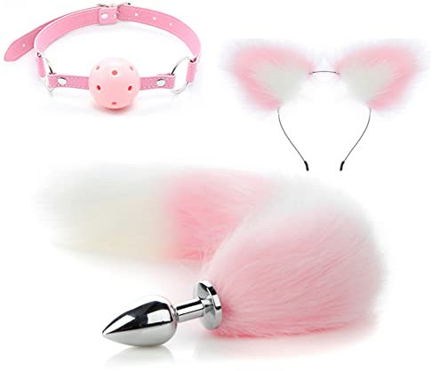 Jinqian Edelstahl Analplug mit Rosa Fuchsschwanz Fuchs-Ohren Stirnband Knebel Gag 3pcs Set Butt Plug Anal Dildo Cat Fox Tail Bondage Anal Kugel Sexy Cosplay SM Erotik Sexspielzeug Für Frauen Paare (S)