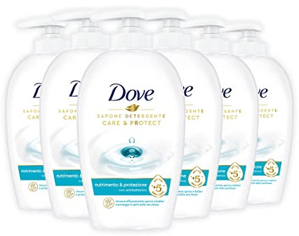 Dove, Sapone Liquido Mani Nutrimento e Protezione, Sapone Detergente Mani Idratante, Rimuove con Efficacia Sporco e Batteri, con +5 Agenti Idratanti, Formula 99% Biodegradabile, 6 pezzi da 250ml
