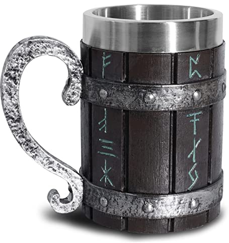 Ottalent Nordic Viking Mug,Oak Wooden Beer Stein Stainless Steel Liner,Nordic mythology Viking Runes Tankard Coffee Cup for Men Father’s Day Gift 18oz.
