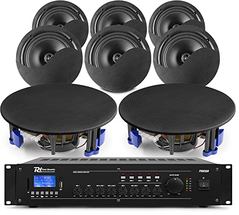 Power Dynamics NCSP8B Commercial Ceiling Speaker System, 8x 8-Inch Black Ceiling Loudspeakers with PRM360 Bluetooth Amplifier, 4-Zone PA System for Restaurants, Shops & Warehouses