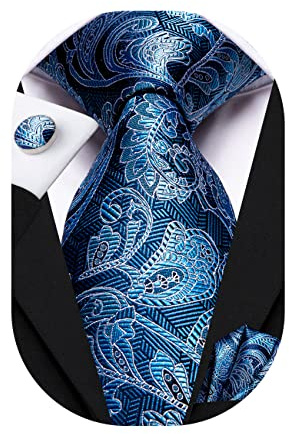 Hi-Tie Herren Seiden Blau Krawatte Set Paisley Jacquard Krawatte mit Einstecktuch Manschettenknöpfe Für Hochzeit