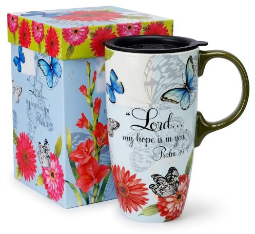 DUSVALLY 500ml Ceramic Travel Mug with Lid, Butterfly Floral Coffee Mug | 17oz large ceramic coffee mug with handle and gift box; blue butterfly Psalm 39:7 scripture, microwave and dishwasher safe