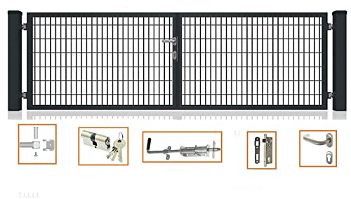 Doppelflügeltor Premium für Doppelsabmattenzaun Anthrazit 8/6/8 inkl Schloss Schlüssel Pfosten Breite: 5000 mm Höhe : Höhe 1600 mm