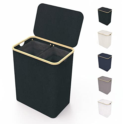LONBET 150L Cesto Ropa Sucia 2 Compartimentos con Tapa y Estructura de Bambú - Cubo Ropa Sucia con Bolsa Extraíble, Asas Cómodas y Tela Transpirable para Uso Diario - Laundry Basket, Negro