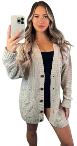 Crazy Fashion Women’s Long Sleeve Grandad Open Front Button Top Chunky Aran Cable Knitted Cardigan Ladies Sweater Winter Jumper Beige 12-14