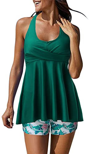 tankini damen bade tankini oberteil tankini damen mit shorts Zweiteilige Tankini-Badeanzüge für Frauen mit Shorts Halter V-Ausschnitt Badeanzüge Flowy Twist Front Bademode Badeanzug ( XL,a-Grün )