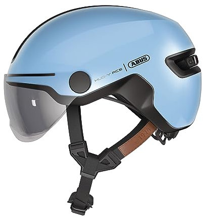 ABUS Stadthelm HUD-Y ACE - stylischer Fahrradhelm mit Visier und magnetischem, aufladbarem LED-Rücklicht - für Damen und Herren - Blau, Größe S