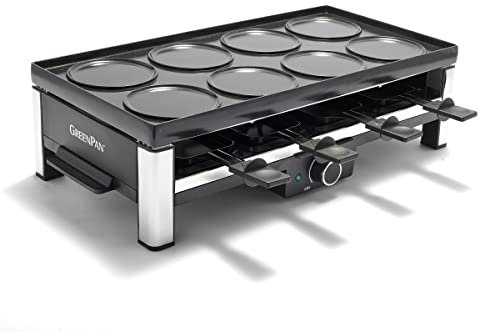 GreenPan Bistro Raclette Antiadhésif Sain San PFAS, Table Grill Électrique pour 8 Personnes, Réversible 3 en 1 Appareil à Raclette Grill et Crêpe, 8 Mini-poêlons Antiadhésifs & Spatule, Lave-vaisselle
