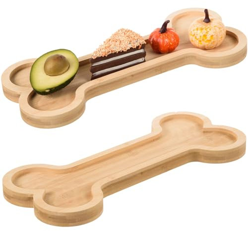 AWIZOM 2 Pack Bone Shaped Bamboo Serving Tray with Grooves Wooden Dog Bone Snack Platters Bamboo Charcuterie Board Wood Candy Dish Bowl for Holiday Dog Birthday Party Supplies,6.61x14.96x0.79 Inch