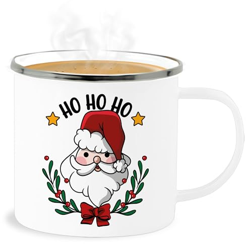 Emaille Becher Blechbecher - Weihnachtstasse Tasse Weihnachten - Ho Ho Ho mit Weihnachtsmann und Weihnachtsschmuck - 300 ml - Weiß Silber - weihnachtstassen christmas hoho weihnachtsmotiv