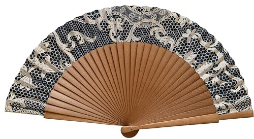 Tusitala Barcelona Abanico Español Must Bolillo - Madera y Algodón - 23 cm - Estuche y Funda de Yute - Accesorio de Moda - Hecho a Mano en España - Eventos y Regalos - Colección Must