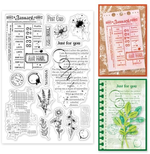 GLOBLELAND Vintage Pflanzen Flecken Hintergrund Klare Stempel Text Wörter Klare Gummistempel Silikonstempel Für DIY Scrapbooking Fotoalbum Dekorative Karten Machen Zuhause 6.3x4.33 Zoll