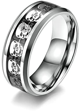 Lieson Trauringe Männer Edelstahl, Totenkopf 8MM Kohlefaser Verlobungsringe Freundschaftsringe Eheringe Hochzeitsringe Partnerringe für Herren Schmuck Geschenke