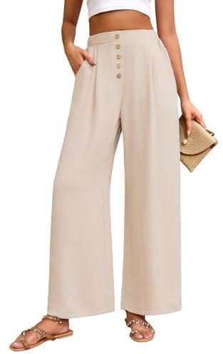 heekpek Pantalones Mujer Verano Anchos Comodo Ligeros Frescos Pantalon Fluido Cintura Alta Casual Suelta Pantalones Mujer Tallas Grandes, Beige, M