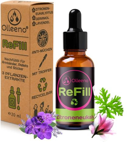 OLLEENO® Nachfüll-Öl 20ml mit Lavendel, Geraniol, Zitronen-Eukalyptus – Langanhaltender, pflanzlicher Mückenschutz für Armbänder, ideal für Outdoor-Aktivitäten, DEET-frei, non-toxic