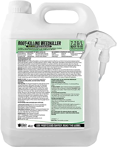 Elixir Gardens 4L Deep Root-Killing Glyphosate Weed Killer (7.2g/l Ready-to-Use Formula Herbicide/Weedkiller) with Spray Head & Hose Attachment