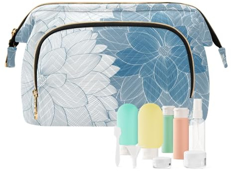 FRODOTGV Trousse de toilette de voyage pour femme avec motif fleurs de dahlia bleu et blanc avec fermeture éclair, Fleurs de dahlia bleu blanc, 1 Size