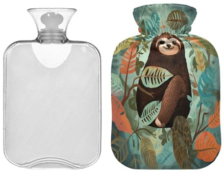 SKYSHU Faultier-Wärmflasche, transparent, auslaufsicher, waschbar, hitzebeständig, Wasserflasche mit weichem Plüschbezug, für Menstruationskrämpfe, Nacken- und Schulterschmerzen, 2 l