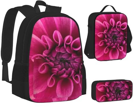 FROON Ensemble sac à dos 3 pièces imprimé dahlia rose multi-usages, sac à dos double poche, sac à déjeuner à bandoulière et trousse compacte, Noir , taille unique