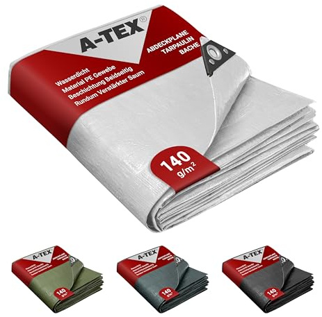 A-TEX® Abdeckplane 140 g/m² (Weiß, 6 x 8 m) | Verschiedene Stärken, Größen und Farben wählbar | Plane mit Ösen | Gewebeplane Gartenplane Zelt Holzplane | wasserdicht | reißfest | UV-stabilisiert