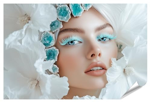 islandburner XXL Bild Poster Frau mit türkisen Wimpern und weißen Blumen Premium Bilder Fotodruck