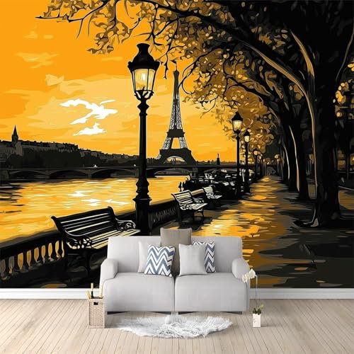 Générique Papier Peint Panoramique 3D Paris Quais De Seine Lampadaires Intissé Décoration Murale pour Salon Chambre, Violet Poster Décoration Fond De Mur Tv Papier Peint Murales 250 x 175 cm