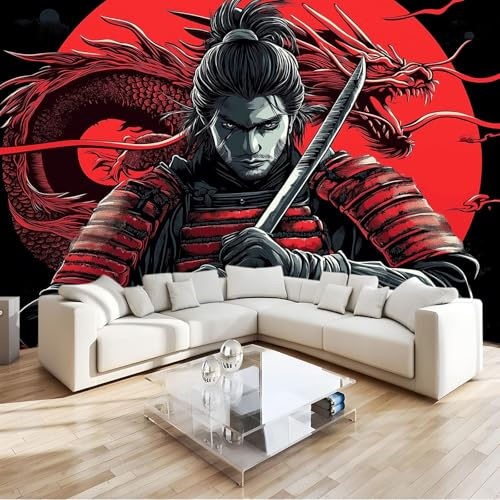 Générique Papier Peint Dragon Lune Rouge Guerrier 3D Panoramique Murale Salon 350x256 cm Papier Peint intissé pour Chambre Salon Personnalisé Décoration Murale