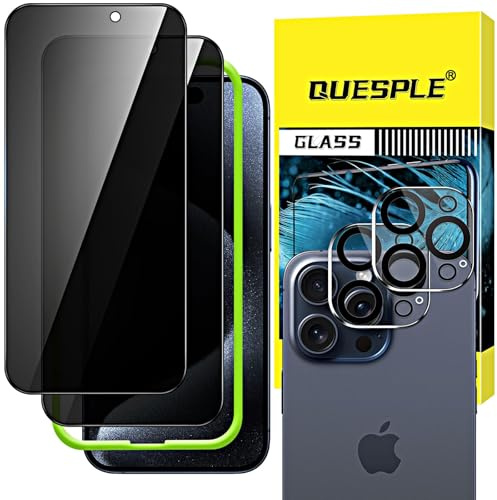 QUESPLE Privacy Pellicola Protettiva per iPhone 15 Pro Max 6,7 Pollici con Protezione Fotocamera [2+2 Pezzi], Strumento Installazione Facile, Vetro Temperato Film Anti-Spy