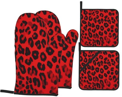 Set di 4 guanti da forno e presine con motivo leopardato rosso, guanti da forno antiscivolo, guanti da forno a microonde isolati e guanti da cucina per cucina, cottura al forno, barbecue