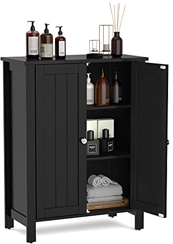 COSTWAY Badezimmerschrank Beistellschrank, Kommode Sideboard mit Doppeltür und Verstellbarer Einlegeboden, Aufbewahrungsschrank Holz, Badschrank Küchenschrank, 60 x 30 x 80,5 cm (Schwarz)