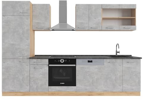 Vicco Küchenzeile R-Line, Küchenblock, Beton/Goldkraft Eiche, 300 cm, AP Anthrazit