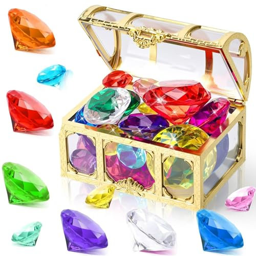 TUBAWD Diving Toy Gemstone, 58 Big Colorful Diamond with Pirate Treasure Chest Box, Swimming Pool Toys Gemstone Swimming Training Gift for Boys and Girls